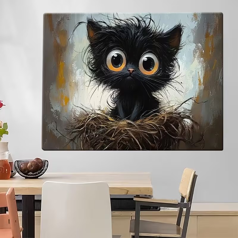 大きな目の黒猫が鳥の巣に座っているポスターと版画、動物のキャ - Wall Texture Spray のレビューと価格