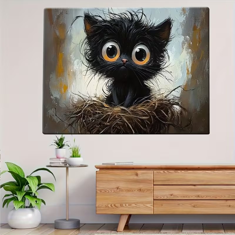 大きな目の黒猫が鳥の巣に座っているポスターと版画、動物のキャ - Wall Texture Spray のレビューと価格