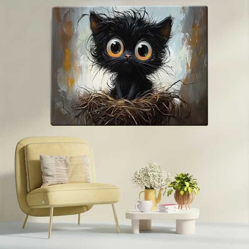 大きな目の黒猫が鳥の巣に座っているポスターと版画、動物のキャ - Wall Texture Spray のレビューと価格