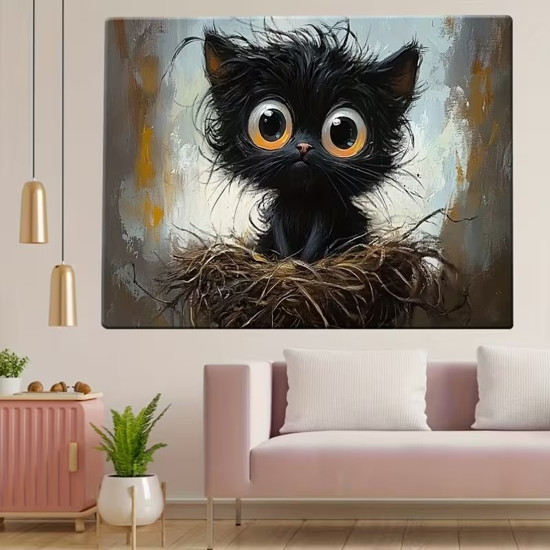 大きな目の黒猫が鳥の巣に座っているポスターと版画、動物のキャ - Wall Texture Spray のレビューと価格